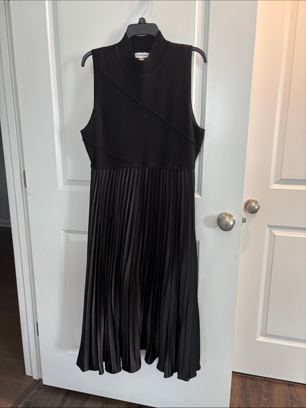 Calvin Klein Black Sleeveless Pleated Midi Dress with Mock Neck